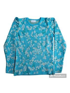Savida Women's Light Blue Floral Ruched Shoulders Jersey Shirt - Size Small